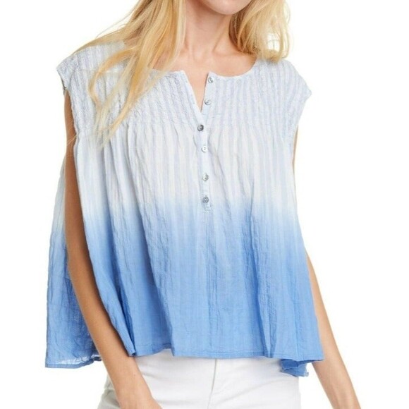 Free People Blouse Top Blue Size Small S Smocked Henley Ombre $78 New - Picture 1 of 6